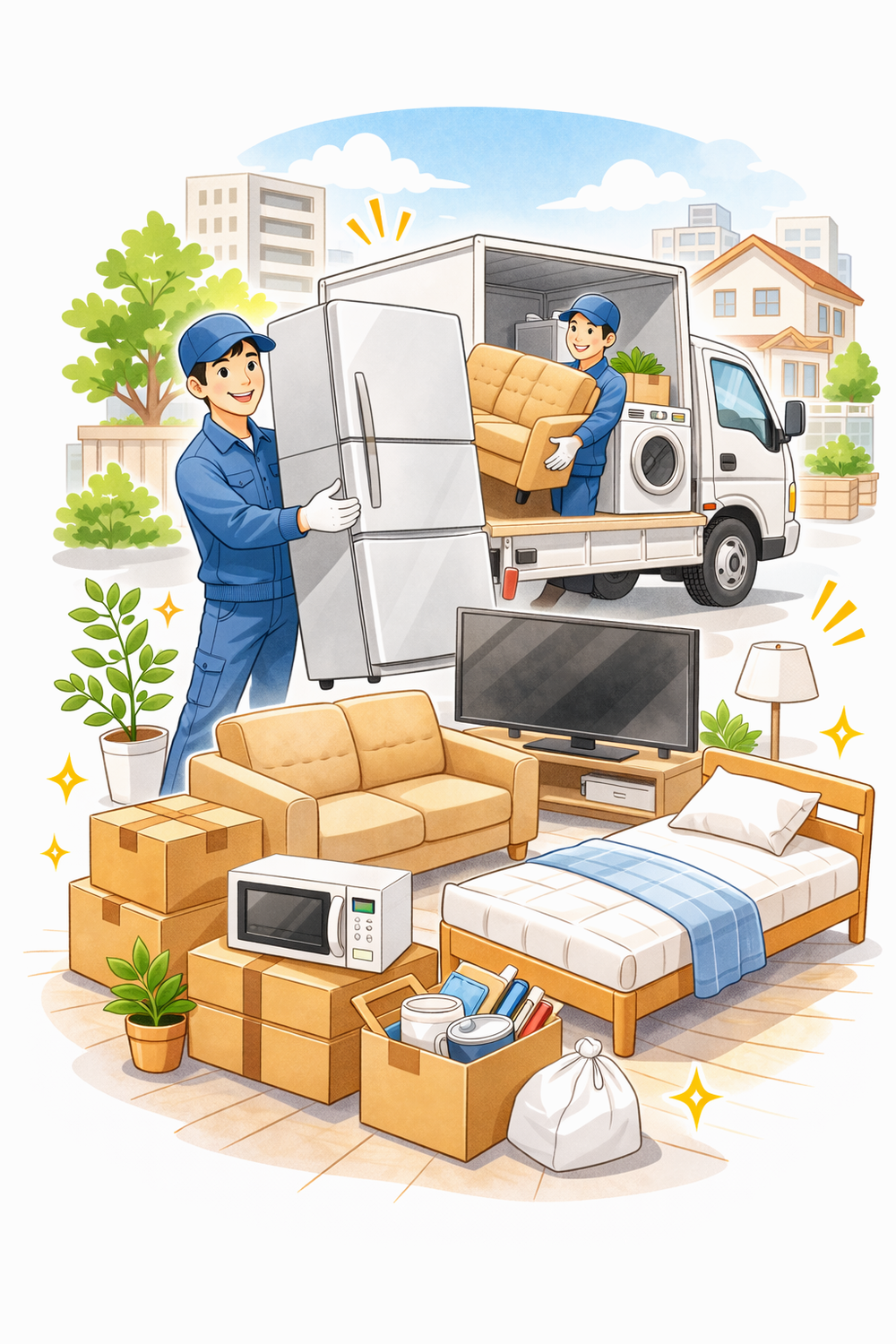 スタッフが大型家電や家具を回収する不用品回収サービスのイメージイラスト
