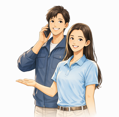 買取と不用品回収の相談に対応する落ち着いた男女スタッフのイラスト