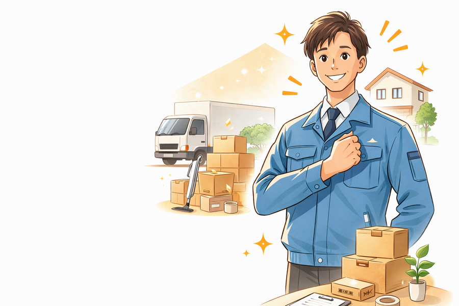 売却準備をサポートする買取スタッフのイラスト。大型家具や家電の回収・買取・清掃までワンストップ対応