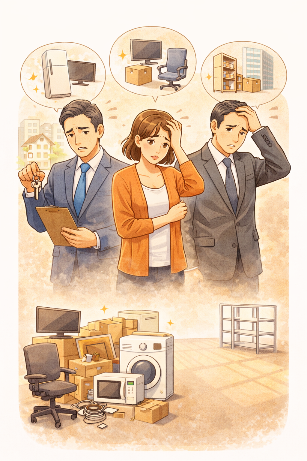 不要な家具や家電の撤去・処分に悩む不動産業者や法人代表、オーナーをイメージしたイラスト